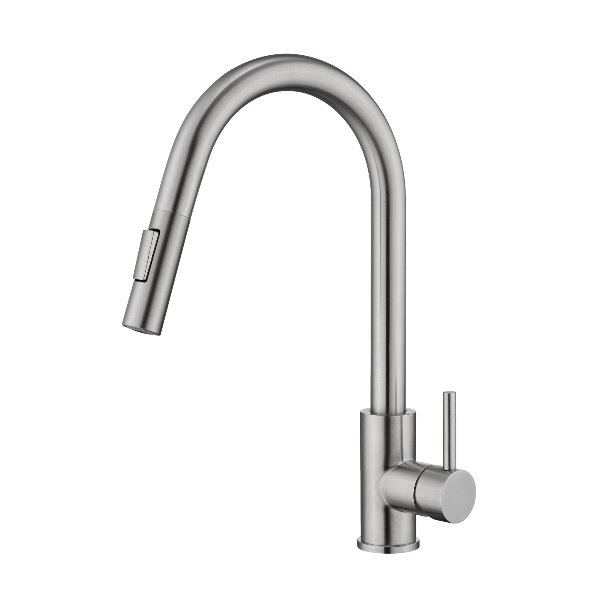 Moderne zilveren keukenkraan met een uittrekbare uitloop en twee verschillende sproeistanden.