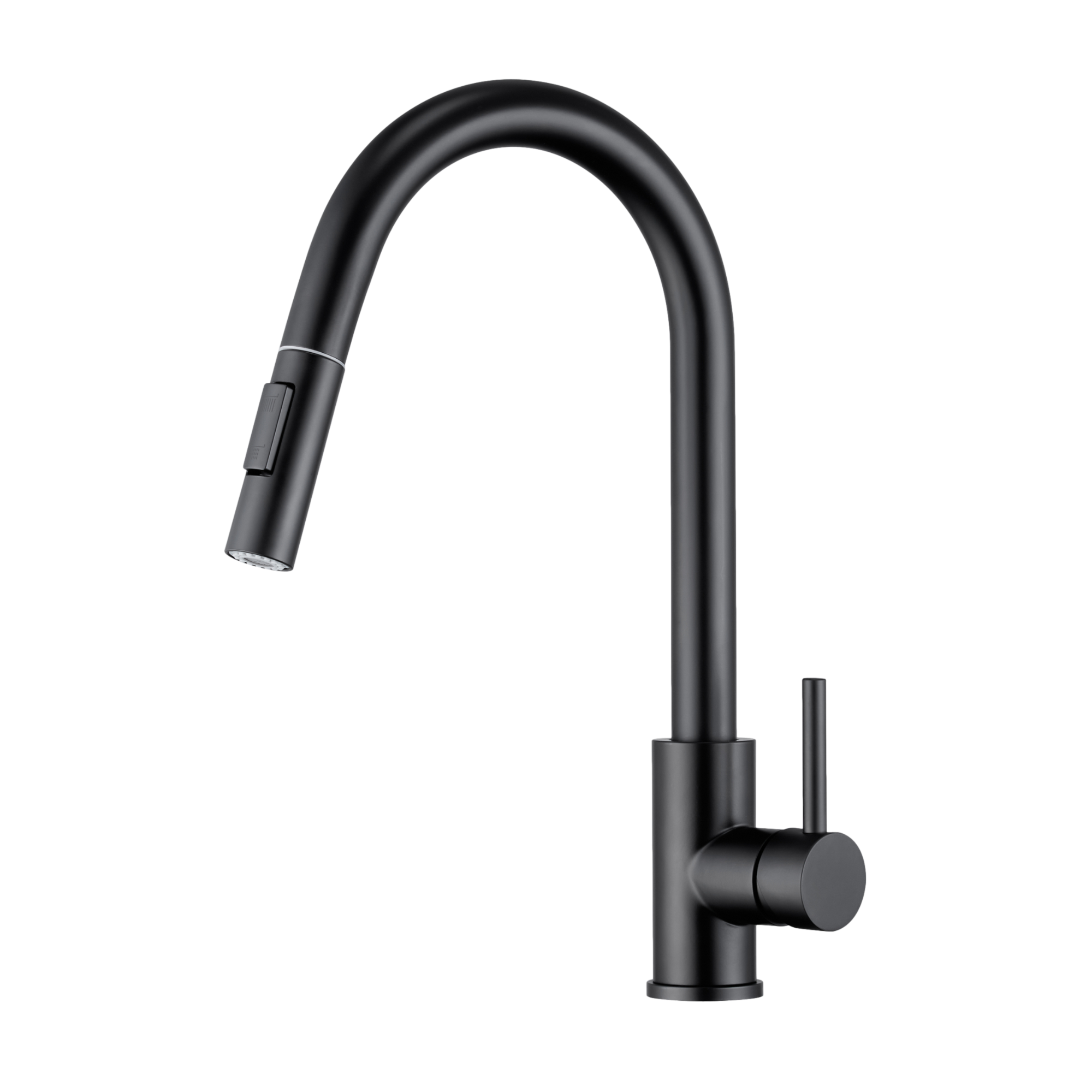 Mat zwarte keukenkraan met uittrekbare uitloop en twee verschillende sproeistanden.